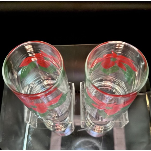 (2) Vintage Indiana Glass Red & Green Poinsettia Glass Tumbler Christmas Holiday - Picture 2 of 5